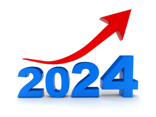 Happy new year 2024 with up arrow on white background, 2024 year with business objective target and goal for new year concept. Economic and financial growth in 2024. 3d rendering illustration.