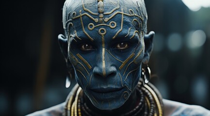 High-resolution portrait of an individual with intricate tribal face paint and expressive gaze