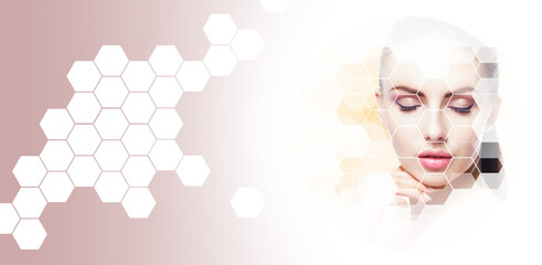 Portrait of healthy and beautiful woman. Female face in honeycomb texture. Young girl in plastic surgery, medicine, spa and face lifting concept.