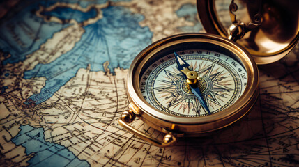 Fototapeta na wymiar Antique compass on vintage map background
