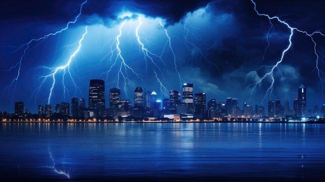 A captivating image of a stormy cityscape at night, with dramatic lightning bolts illuminating the dark sky. Reflection of the silhouettes of buildings against an electric blue backdrop
