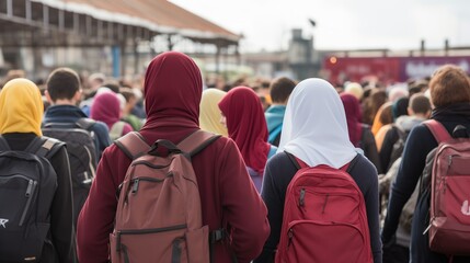 A diverse crowd of refugees and displaced individuals gathered together, showcasing unity and solidarity. Visible individuals with backpacks and various clothing styles. A powerful image
