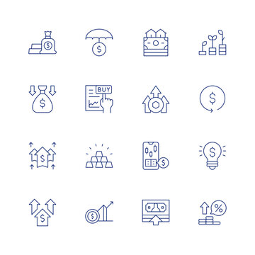 Investment line icon set on transparent background with editable stroke. Containing cash, money loss, income, profit, investment, stock market, return, investment insurance, buy, gold ingots, idea.