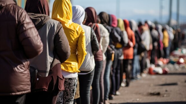 Group of weary refugees in line, their worn-out clothing tell story of sadness, hope, and uncertainty. Scattered debris add to the atmosphere