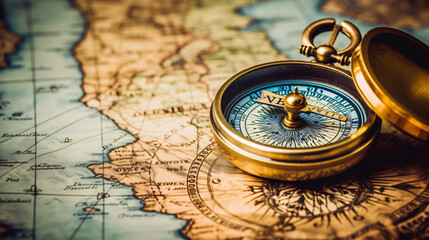 Antique compass on vintage map background
