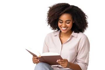 smiling mulatto woman reading a book