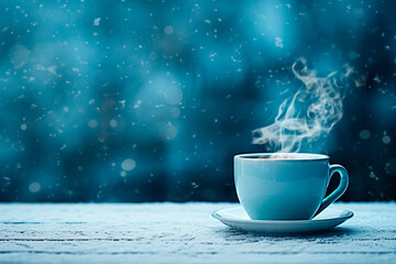 Winter coffee in blue cup on the snow in the nature. Winter atmospheric background with coffee in nature. - obrazy, fototapety, plakaty