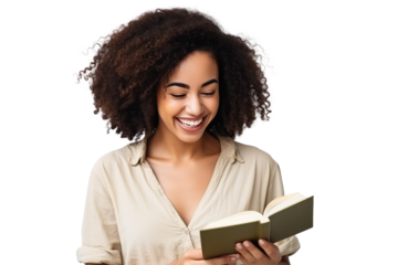 smiling mulatto woman reading a book
