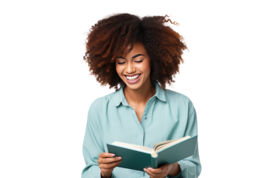 smiling mulatto woman reading a book