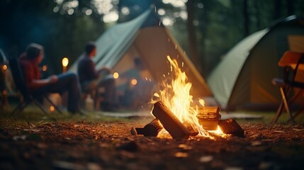 Warm cozy campfire flames dance in dusk with tent camping background, inviting atmosphere for...