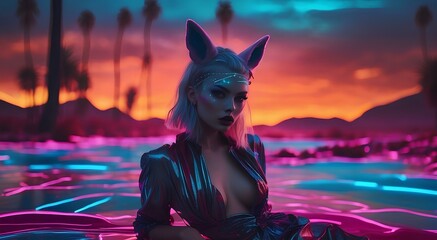 A chic fashionable and beautiful woman with animal ears in a colorful alien world background 