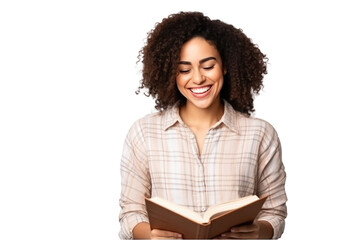 smiling mulatto woman reading a book - obrazy, fototapety, plakaty