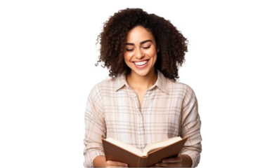 smiling mulatto woman reading a book