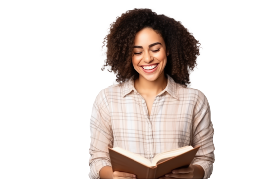 smiling mulatto woman reading a book