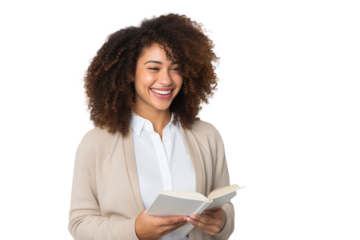 smiling mulatto woman reading a book