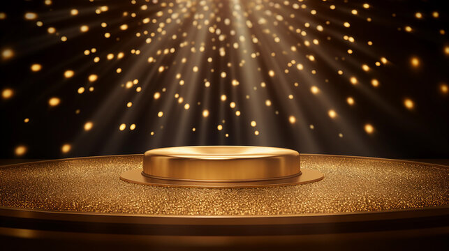 Golden abstract round podium illuminated with spotlight