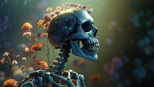 	
a skull with flowers on its head. Created with generative AI.	
