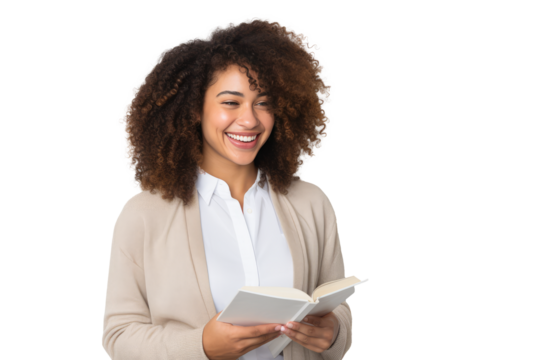 smiling mulatto woman reading a book