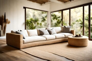 Highlight the natural texture of a sisal sofa in a tranquil and serene setting.  - obrazy, fototapety, plakaty