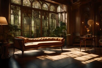 Design an image of an Art Nouveau sofa surrounded by nature-inspired details and soft, diffused light. 
