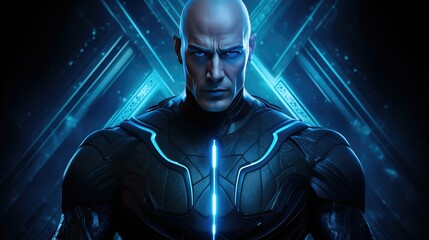 Fototapeta na wymiar Futuristic cybernetic man with a sleek, angular face and shaved head. Glowing eyes, vibrant blue light, and a thin metallic visor. Clad in a form-fitting black jumpsuit with glowing neon lines.
