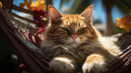 Cat relaxes in a hammock.