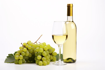 White wine bottle with wine glass, green grapes and leaves on white background