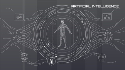 Futuristic interface design with a 3D human model.