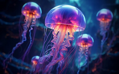 Glowing jelly fish in aquarium background. - obrazy, fototapety, plakaty