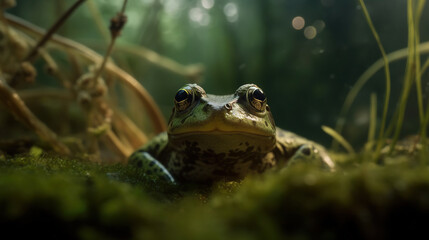 Obraz premium Close Up of A Cute Frog in The Large Rain Forest Vibrant Colorful Blurry Background