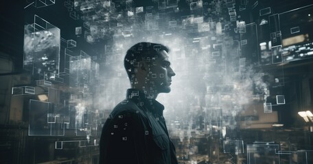 Futuristic man in sharp-focus, hyper-realistic computer-generated image. Intricate lines, dynamic movement, and double exposure effect create a futuristic energy. 