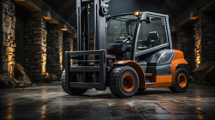 Forklift standing in warehouse.