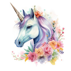 Cute colorful magic unicorn with flowers Illustration, Generative Ai