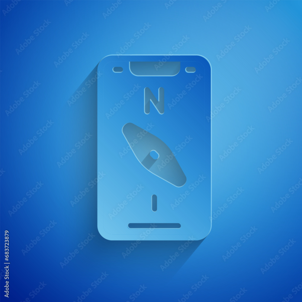 Poster paper cut compass screen apps on smartphone for navigation icon isolated on blue background. applica