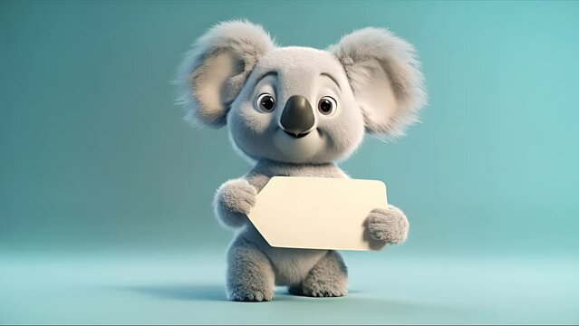 Cute happy cartoon koala holding a blank sign. Created with Generative AI.	
