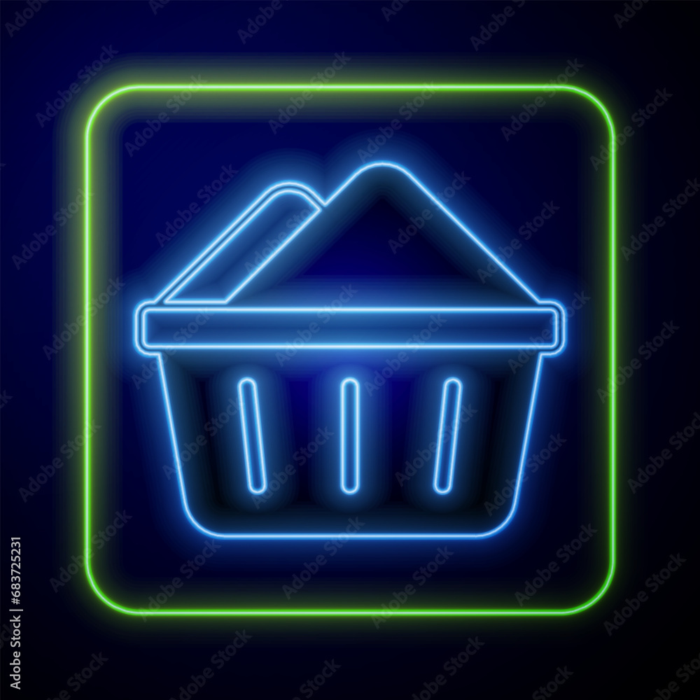 Wall mural Glowing neon Plastic basin with soap suds icon isolated on blue background. Bowl with water. Washing clothes, cleaning equipment. Vector