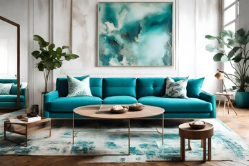 Depict the beauty of a Turquoise Color Sofa, making it the focal point of a coastal-inspired interior. 