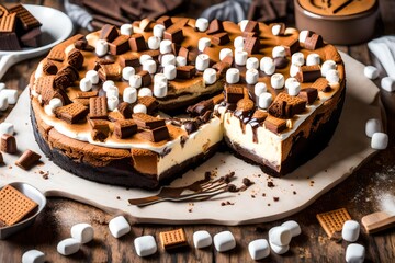S'mores Brownie Cheesecake, a campfire favorite with marshmallows, graham crackers, and brownies in a cheesecake.  - obrazy, fototapety, plakaty