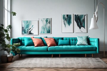 Generate an image of a Cyan Color Sofa, bringing a fresh and vibrant energy to a minimalist room. 