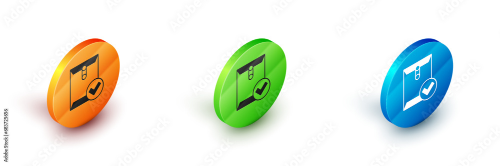 Poster isometric envelope and check mark icon isolated on white background. successful e-mail delivery, ema