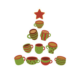 Funny festival Christmas tree of hot drinks cup. Coffee, hot chocolate, cocoa, tea. Flat mug illustration in cozy shades. Decorative holiday coffee cups sticker for card or poster