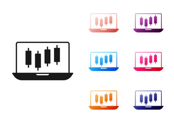 Black Laptop with stocks market growth graphs and money icon isolated on white background. Monitor with stock charts arrow on screen. Set icons colorful. Vector