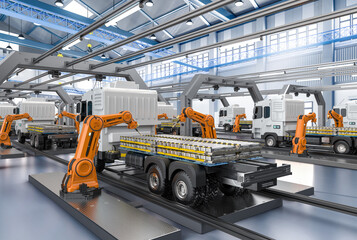 Automation automobile factory with robot assembly line produce electric truck - obrazy, fototapety, plakaty