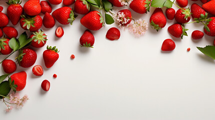 Strawberries and cherries on a white background with copy space
