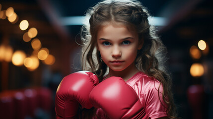 Little girl in pink boxing gloves.