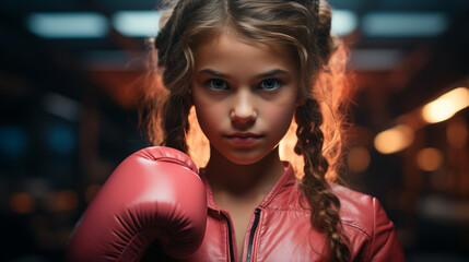 Little girl in pink boxing gloves.