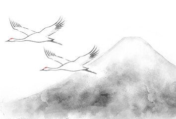 水彩風の富士山と空を飛ぶ二匹の鶴の年賀状イラスト