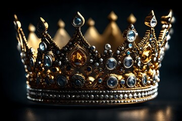 A golden and silver crown with gems is on a dark dramatic background. 