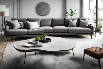 Create a calming atmosphere with a Gray Color Sofa, placed harmoniously in a serene room. 