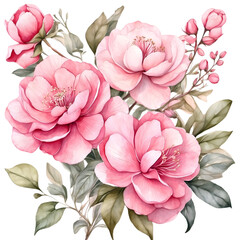 Watercolor illustration of pink arranged in a bunch. Creative graphics design. Beautiful flowers for decoration.    